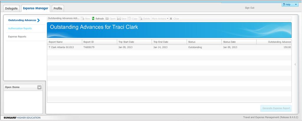 Expense Manager Tab This tab has three categories: Outstanding Advances, Authorization Reports, and Expense