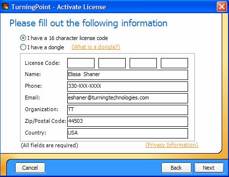 If your are activating TurningPoint 2006 with a 16 character license code, Choose: I have purchased a license of TurningPoint If your