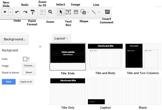 Multimedia Essentials - Lessn 1: Using Presentatin Sftware 1-12 Figure 1-9: Ggle Slides Tlbar, Backgrund and Layut menus Demnstrate hw t mve arund in a presentatin using the slide menu ptins and