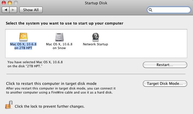 Designate the new volume as the Startup Disk and click Restart.
