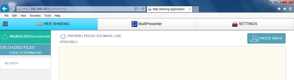 The web server screen is divided into three tabs: [WEB SHARING], [MultiPresenter] and [SETTINGS]. 5-1-2.