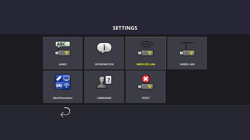 7. Displaying the MultiPresenter Stick s settings menu The MultiPresenter Stick s settings menu can be displayed and the MultiPresenter Stick s settings can be changed. 1.