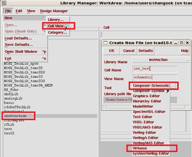 Create a new schematic Click your library on the library manager. Click File New Cell View on the library manager.