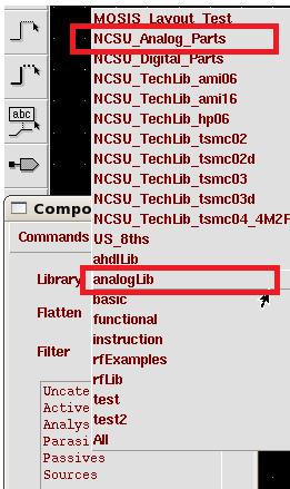 Draw a circuit Click instance on the left side of the schematic window to add resistors, caps or TRs. On the component browser, the two commonly used libraries are NCSU_Analog_Parts and analoglib.