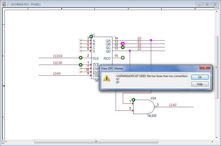 Error Markers The Design Rules Check marks schematic pages with warning and error markers. You can double click on a DRC error marker to see a description of the problem.