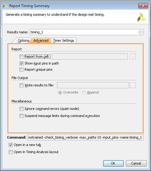 Chapter 2: Timing Analysis Features Advanced Tab The Advanced tab in the Report Timing Summary dialog box is shown in the figure below.