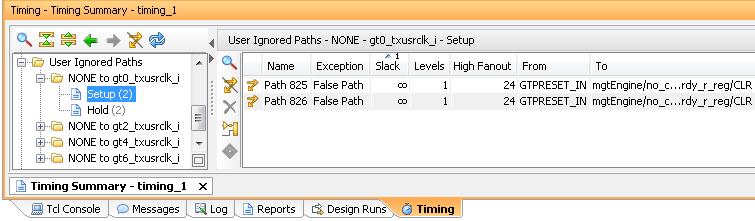 Chapter 2: Timing Analysis Features User-Ignored Paths Section The User-Ignored Paths Section of the Timing Summary Report (shown in the following figure) displays the paths that are ignored during
