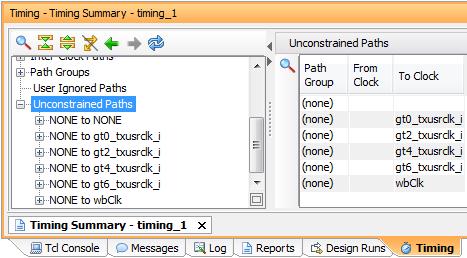 X-Ref Target - Figure 2-12 Figure 2-12: Timing Summary Report: User-Ignored Paths Section Unconstrained Paths Section The Unconstrained Paths section of the Timing Summary Report displays the logical