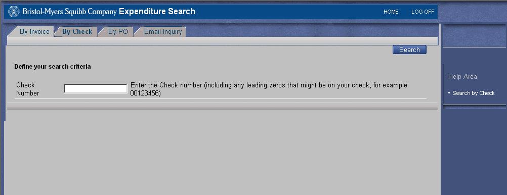 To execute a search of the Expenditures Inquiry by check number, click the "By Check" tab.