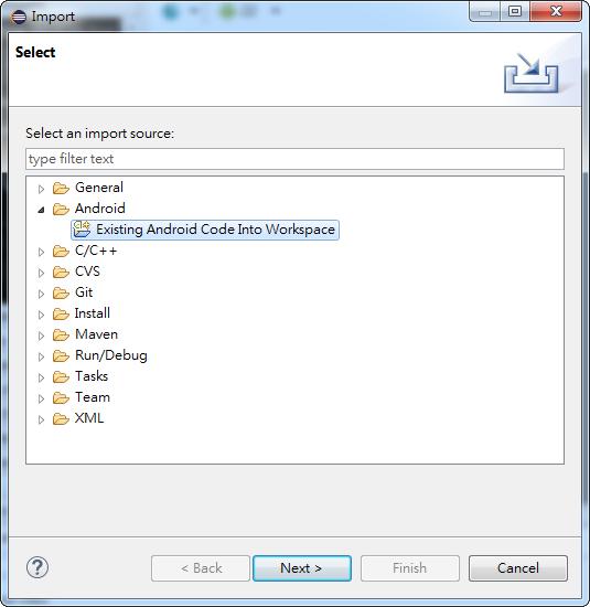 Figure 10 Select Imported Project Type In this Import Projects dialog, specify Bluetooth project location in the Root