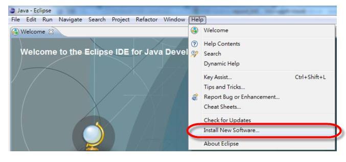 In the Eclipse, select the menu item Help->Install New Software as shown in Figure 19.