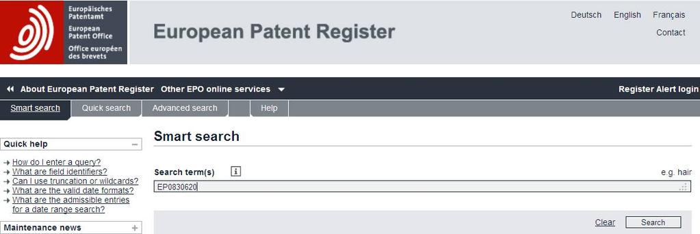 information of European patents Secure access