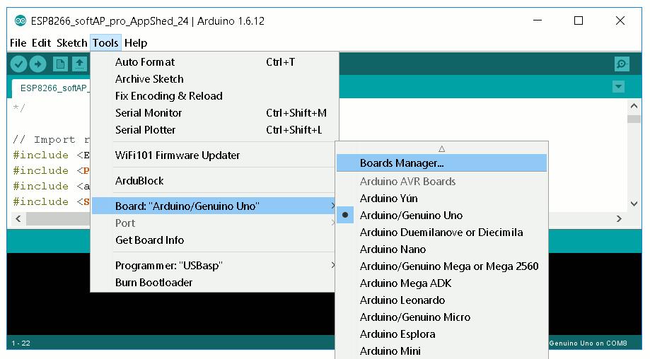 1.3.4. Search for the board esp8266 and install it. 1.3.5. Select the NodeMCU 12-E board Tools -> Board -> NodeMCU 1.