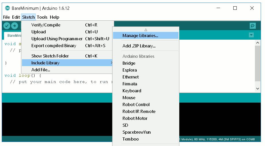 2.1. In the Arduino IDE, on the main menu, select: Sketch ->
