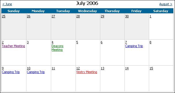 Setting Up Your Calendar Types Figure 5.2 Color-coded calendar To add a new calendar type for the Access ACS built-in calendar 1. Point to Admin, then click Calendar Setup. 2.