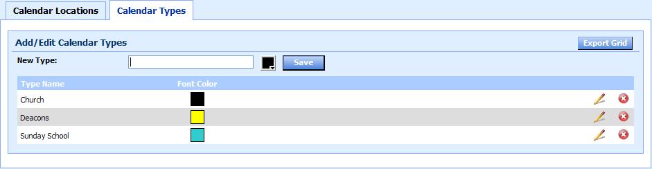 Click Save. The new type displays in the Type Name list. Figure 5.3 Add/Edit Calendar Types page To assign a color to an existing calendar type 1.