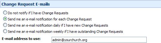 Access ACS Administrator s Guide Figure 14.1 Change request e-mail preferences section To send change request rejection e-mails 1. Point to Admin, then click Options. 2. Click Admin Preferences. 3.