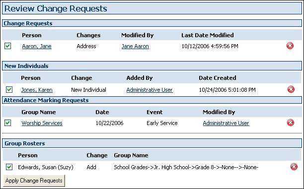 Viewing Change Requests Figure 14.3 Review Change Requests page Individual Change Requests Individual change requests display at the top of the Review Change Requests page.
