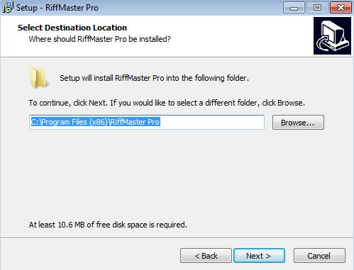 Select destination Location of where in your library you want RiffMaster Pro to be installed. To abort press Cancel.