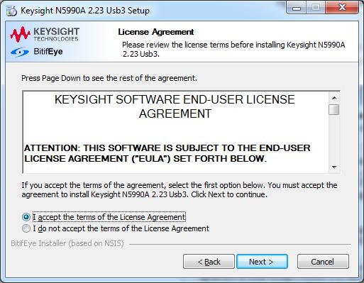 Software Installation and Update 4 Figure 4-2: N5990A License Agreement Window First read all the terms and conditions of the license agreement carefully and select I accept the
