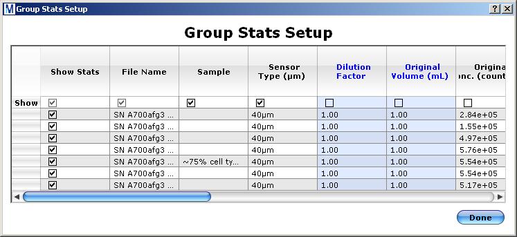 To toggle between the two display formats, use the Acquisition and Overlay buttons at the top of the Group Stats window.