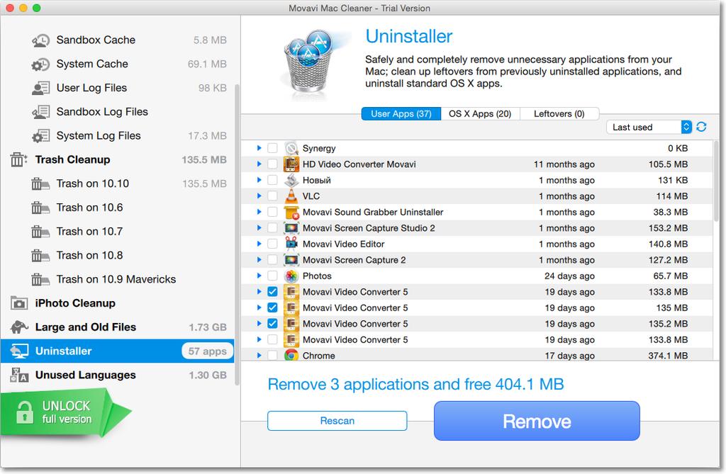 uninstall and click Remove. If you've previously moved some apps to the Trash, they may have left behind some junk files. Switch to the Leftovers tab and remove all of their leftover files.