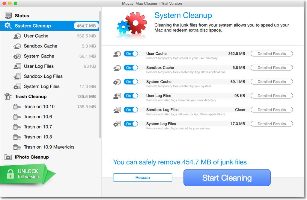 System Cleanup The System Cleanup page lets you choose which sections Movavi Mac Cleaner is allowed to clean.