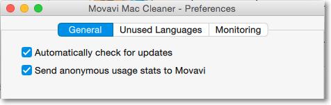Mac Cleaner Preferences To open Movavi Mac Cleaner settings, click the Movavi Mac Cleaner application menu and choose Preferences. Preferences are divided into two tabs: General and Monitoring.
