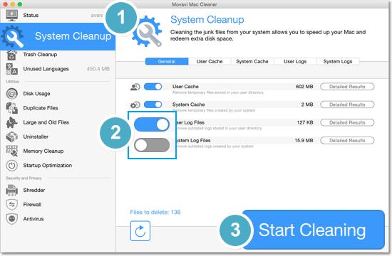 System cleanup The System Cleanup page lets you choose which junk folders Movavi Mac Cleaner is allowed to clean. System Cleanup cleans two main types of junk files: caches and logs.