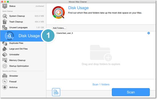 Disk usage The Disk Usage tool analyzes your disk and shows you which files and folders are taking up the most space.