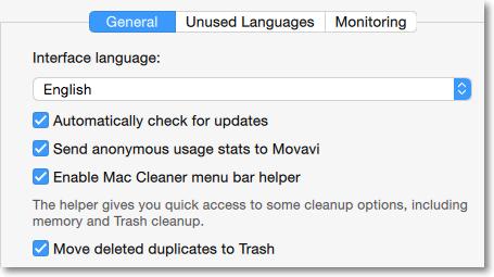 Preferences To open Movavi Mac Cleaner settings, click the Movavi Mac Cleaner application menu and choose Preferences.