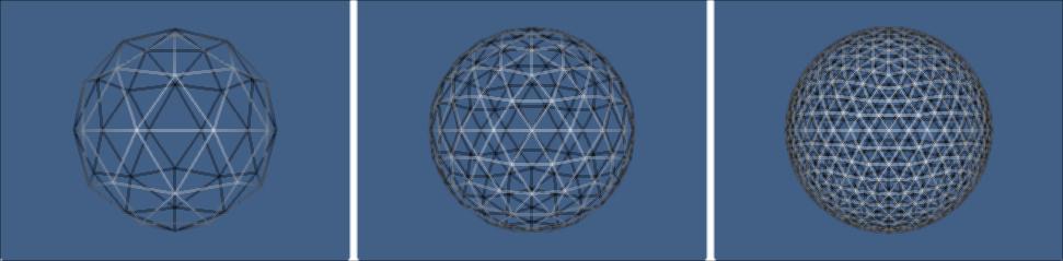88 CHAPTER 9. NUMERICAL VERIFICATION OF THE BRDF Figure 9.2: Icosahedron-based subdivision with 42, 162 and 642 vectors. Figure 9.3: Fibonacci-spiral-sphere-based subdivision with 42, 162 and 642 vectors.