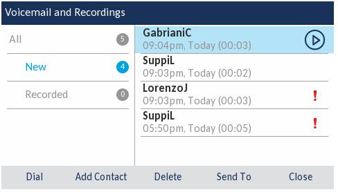All, New, and Recorded Voicemails Play a Voicemail Urgent Voicemail Call History Filters Copy to Dial Using the Call History application 1. Press the key to access the Call History application.