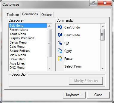 Customizing NCPlot On the toolbar customize dialog, select the Commands tab. The Catagories list represents each of the menus in NCPlot and the Commands list represents the items in each menu.
