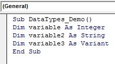 See below in VBA IDE Data Types 1.) Numeric 2.) Non Numeric (String, Date, Boolean, Object, variant) Declaration of variables 1.