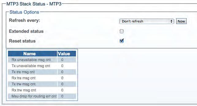 4 Configuring SS7 Signaling MTP3 Stack Status The MTP3 Stack Status, shown below, displays counters for a variety of status messages that in turn are used to indicate the current health of the MTP3