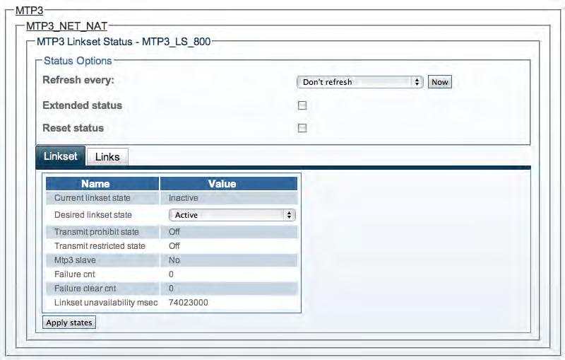 4 Configuring SS7 Signaling Figure 149. Detailed View: MTP3 Linkset Status-Linkset Tab MTP3 Linkset Status: Links Tab.