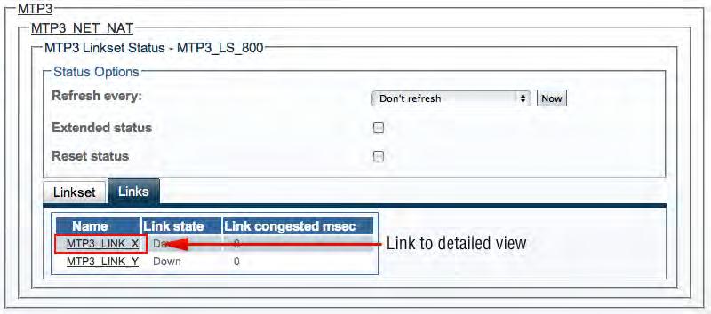 MTP3 Linkset. In the listing, the status of each link is displayed as well as a link congestion timer.