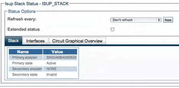 4 Configuring SS7 Signaling Detailed View The SS7 ISUP detailed view groups status information into these main screens: ISUP Stack Status on page 109 ISUP Interface Status on page 110 Circuit Group