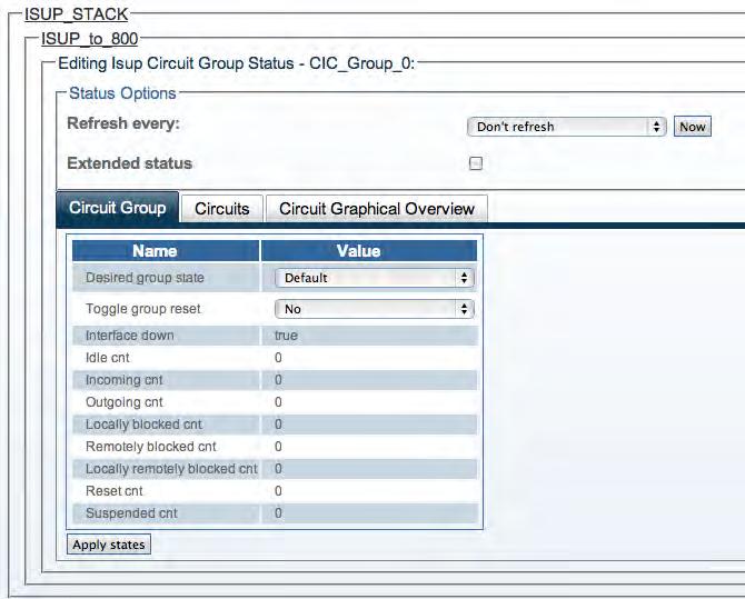 4 Configuring SS7 Signaling Circuit Group Status The Circuit Group status screen displays detailed information for one circuit group, such as status counters and configured values.