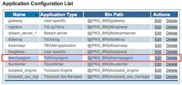 8 Configuring SNMP 5. Return to the Applications information window. The tbsnmpagent should now appear in the Ready list. The tbsnmpagent application has now been activated.