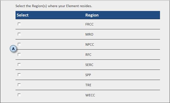 Selecting a Region for the Element The user must select the Region(s) in which the Element is located.