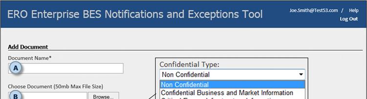 Figure 33: Add Document Screen C. Select a Confidential Type (C) from the pull down list. D. Provide a Description (D) for the document.
