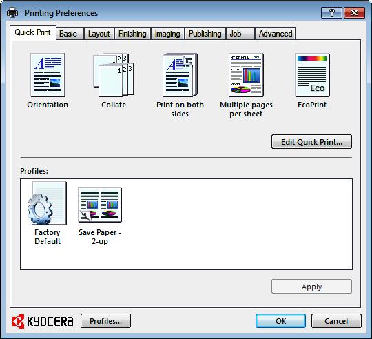 Quick Print In the Quick Print tab, you can apply basic print settings to print jobs. Any Quick Print settings can be saved as a group, called a profile, and applied to any print job.