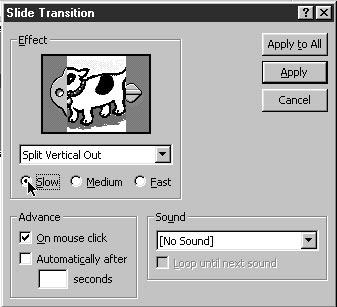 The button next to the Transition effects menu brings up a dialogue box which gives additional options relating to slide transitions.