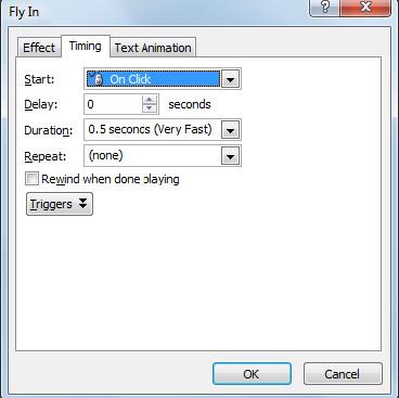 Lesson 5 Enhancing Presentations Changing the Timing The exact settings and the default values you see in the Animation pane will vary with the effects applied, but most of the time there is a Start