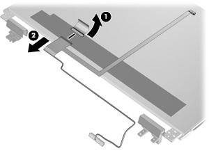 12. Disconnect the display panel cable from the back of the display panel by lifting the tape over the connector (1), and then disconnecting the cable from the panel (2).