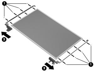 14. Remove the display hinges (2). Display hinges are available using spare part number 647677-001 for HP ProBook 6560b models and 641193-001 for HP EliteBook 8560p models.