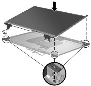 When replacing the display panel, use the following image to determine the correct locations to insert the hinges into the display enclosure.