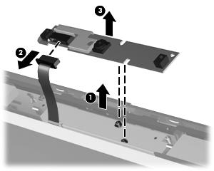 6. If it is necessary to replace the webcam module from the display enclosure, gently pull the webcam module away from the double-sided tape on the display enclosure (1), disconnect the